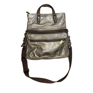 Fossil Explorer XL Metallic Leather Fold Over Crossbody Hobo Tote Shoulder Bag